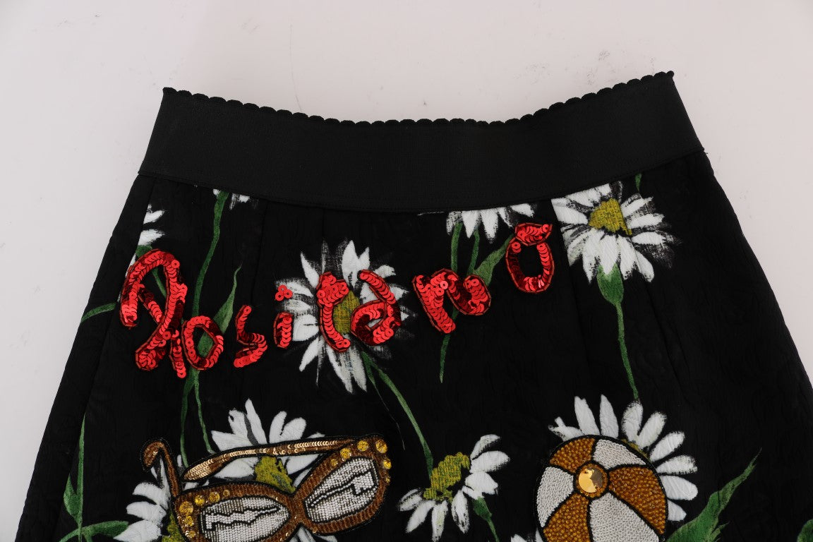 Falda brocada de Dolce & Gabbana negra adornada con margaritas