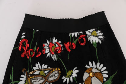 Falda brocada de Dolce & Gabbana negra adornada con margaritas