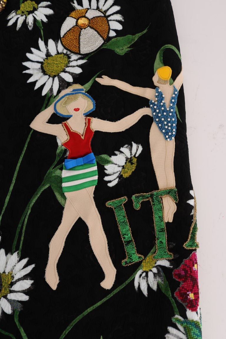 Falda brocada de Dolce & Gabbana negra adornada con margaritas