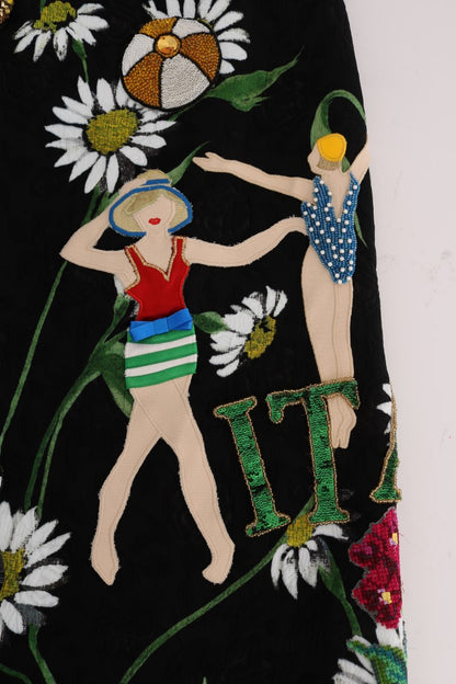 Falda brocada de Dolce & Gabbana negra adornada con margaritas