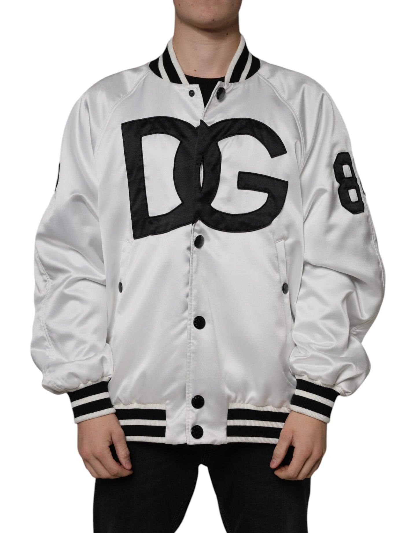 Chaqueta bomber con cremallera completa, logotipo y poliéster blanco de Dolce & Gabbana