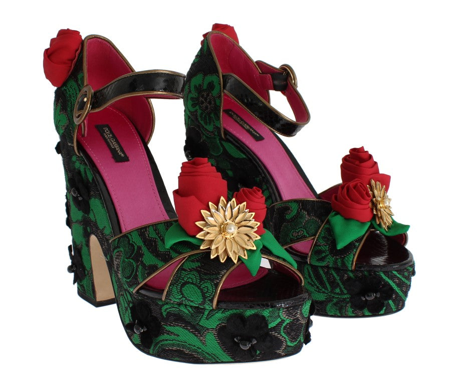Zapatos Dolce & Gabbana de cristal de rosas de brocado verde y piel de serpiente