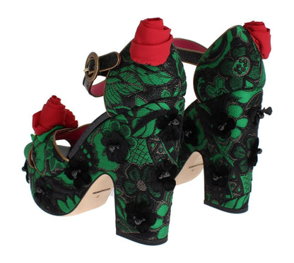 Zapatos Dolce & Gabbana de cristal de rosas de brocado verde y piel de serpiente
