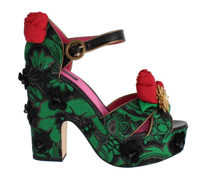 Zapatos Dolce & Gabbana de cristal de rosas de brocado verde y piel de serpiente