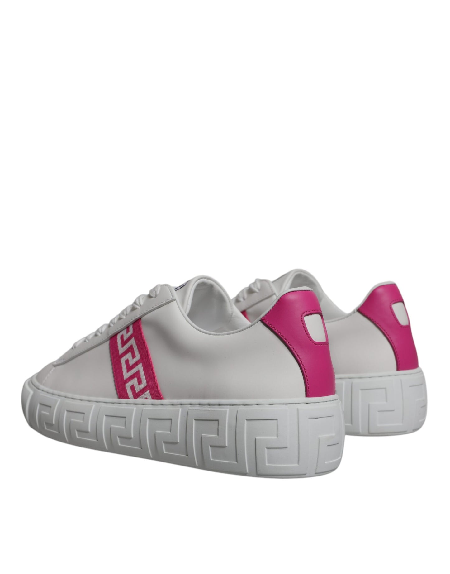 Zapatillas Versace blancas y rosas con estampado Greca, de plataforma baja