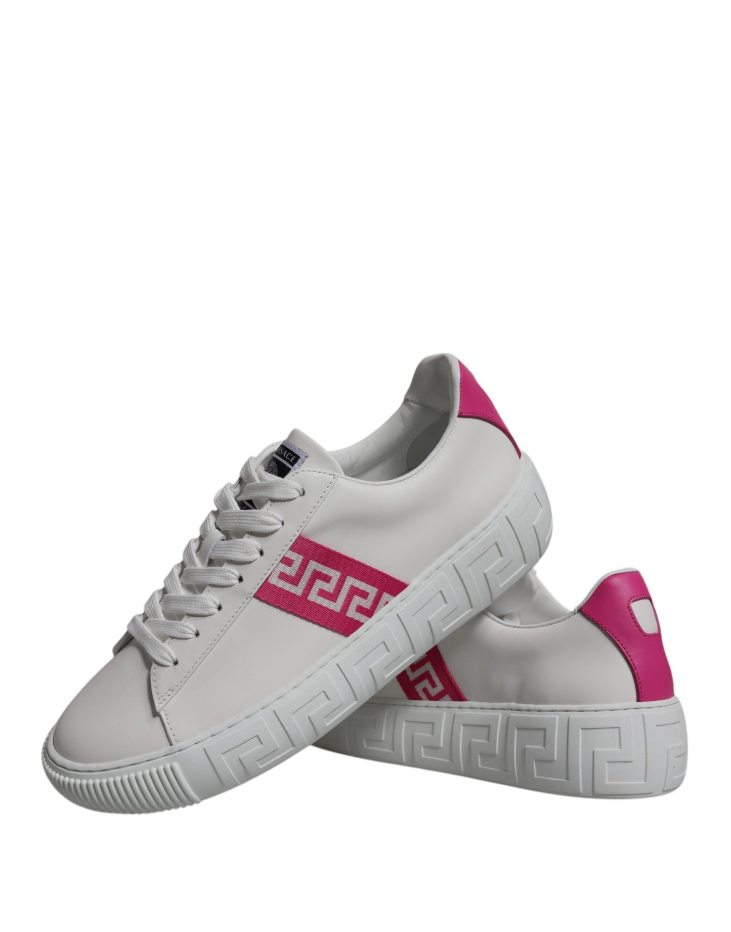 Zapatillas Versace blancas y rosas con estampado Greca, de plataforma baja