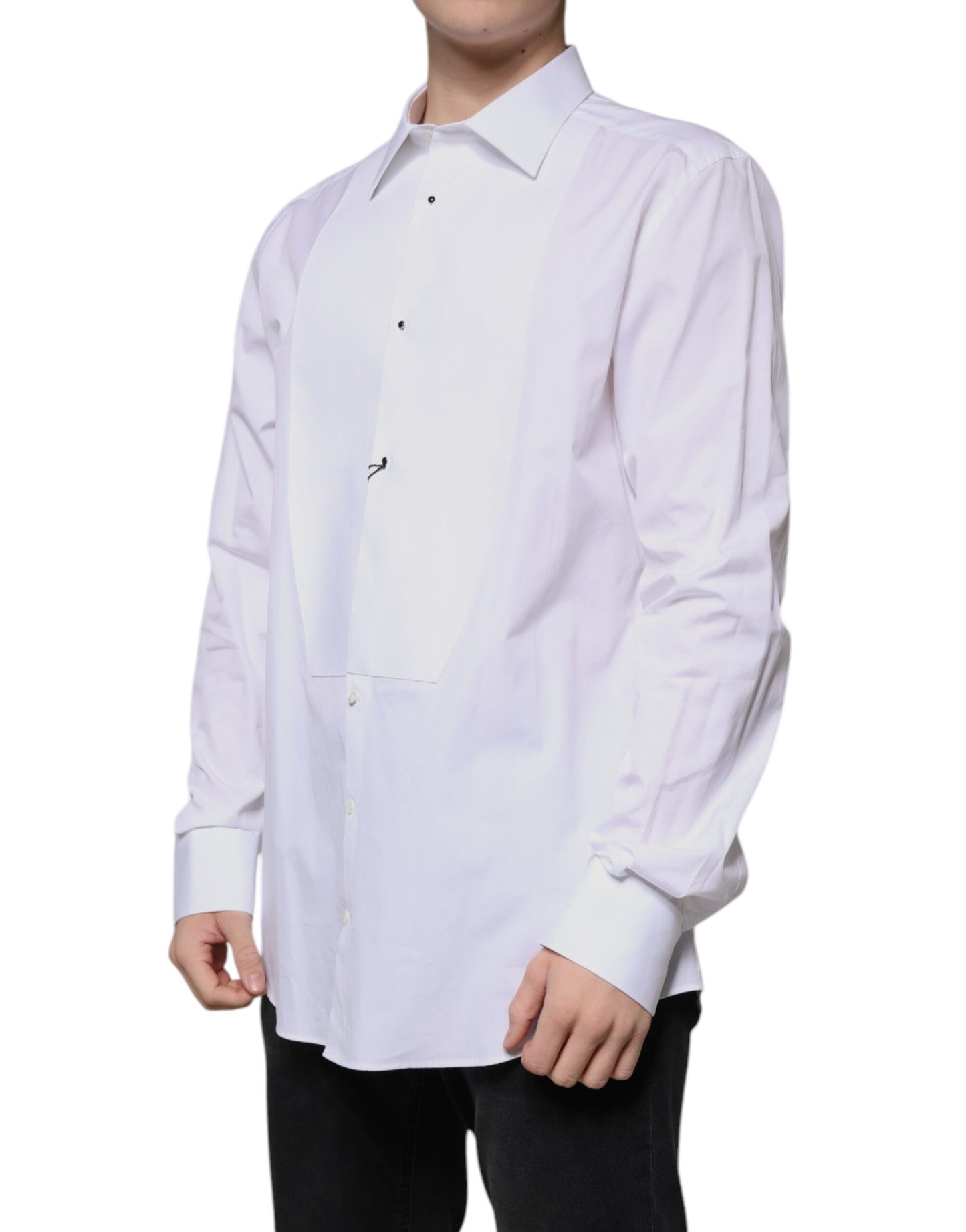 Camisa Formal de Algodón Popelín Blanca con Pechera Dorada Dolce & Gabbana