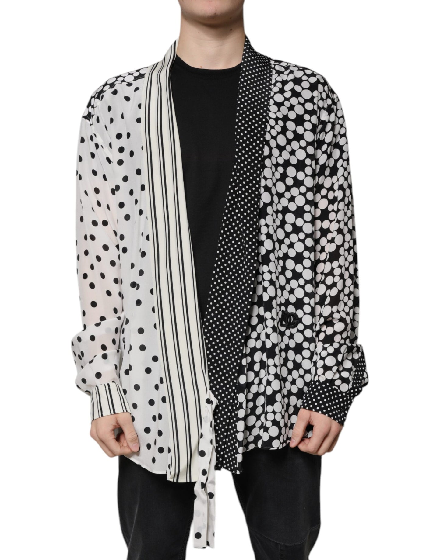 Camisa casual de seda Dolce & Gabbana de lunares negros y blancos para hombre