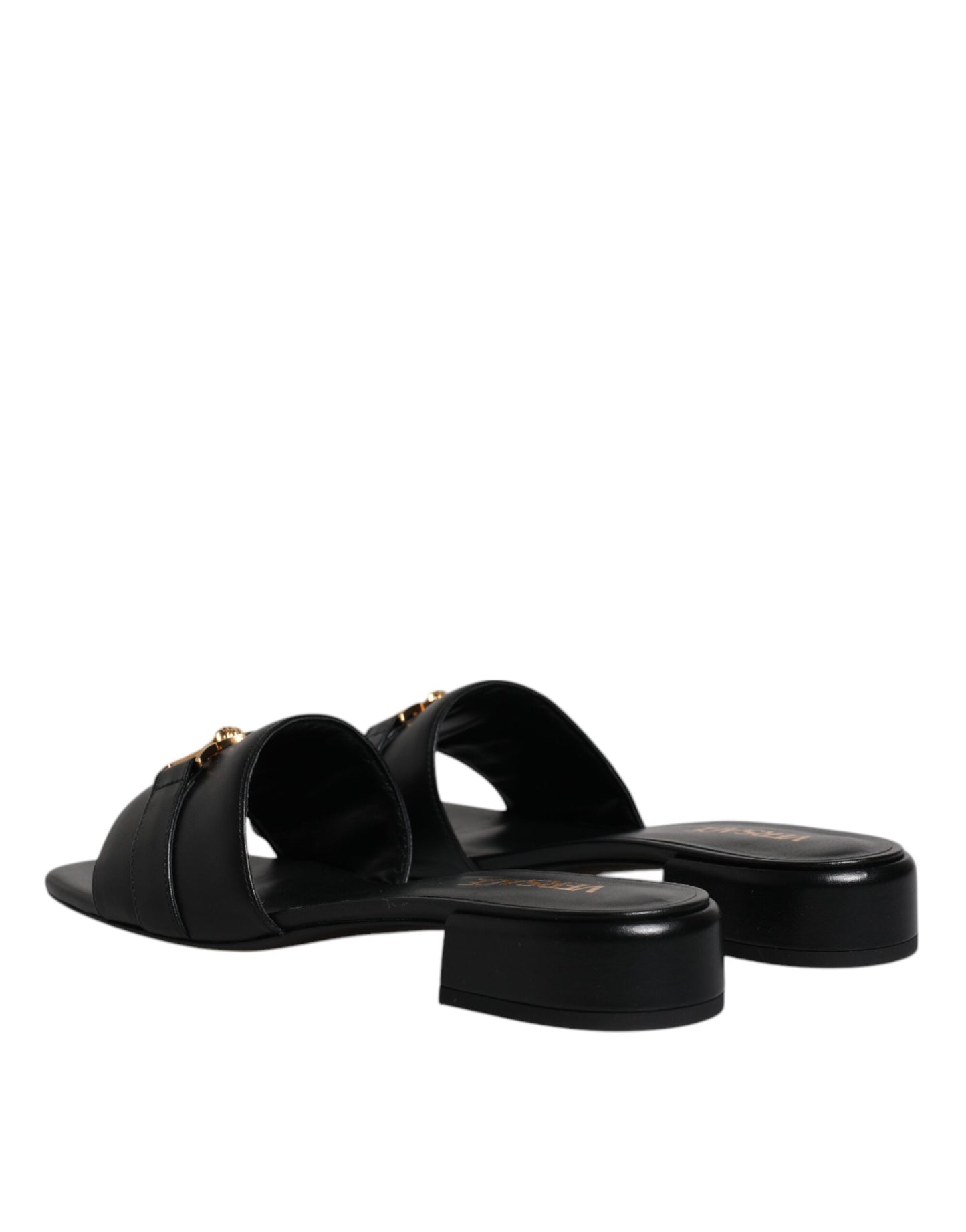 Versace Zapatillas Destalonadas Planas de Cuero Negro con Placa del Logo