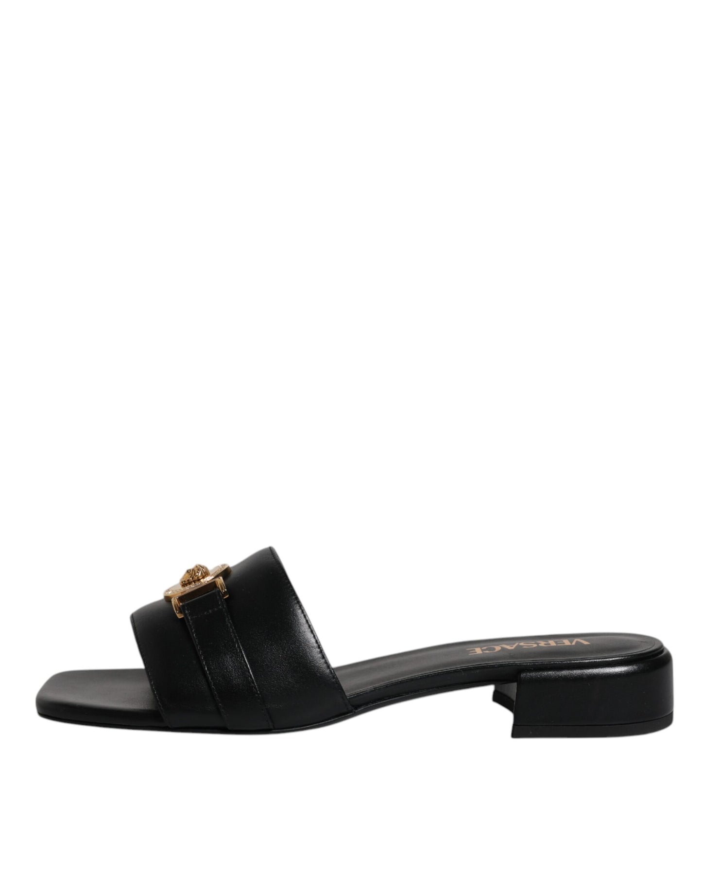 Versace Zapatillas Destalonadas Planas de Cuero Negro con Placa del Logo