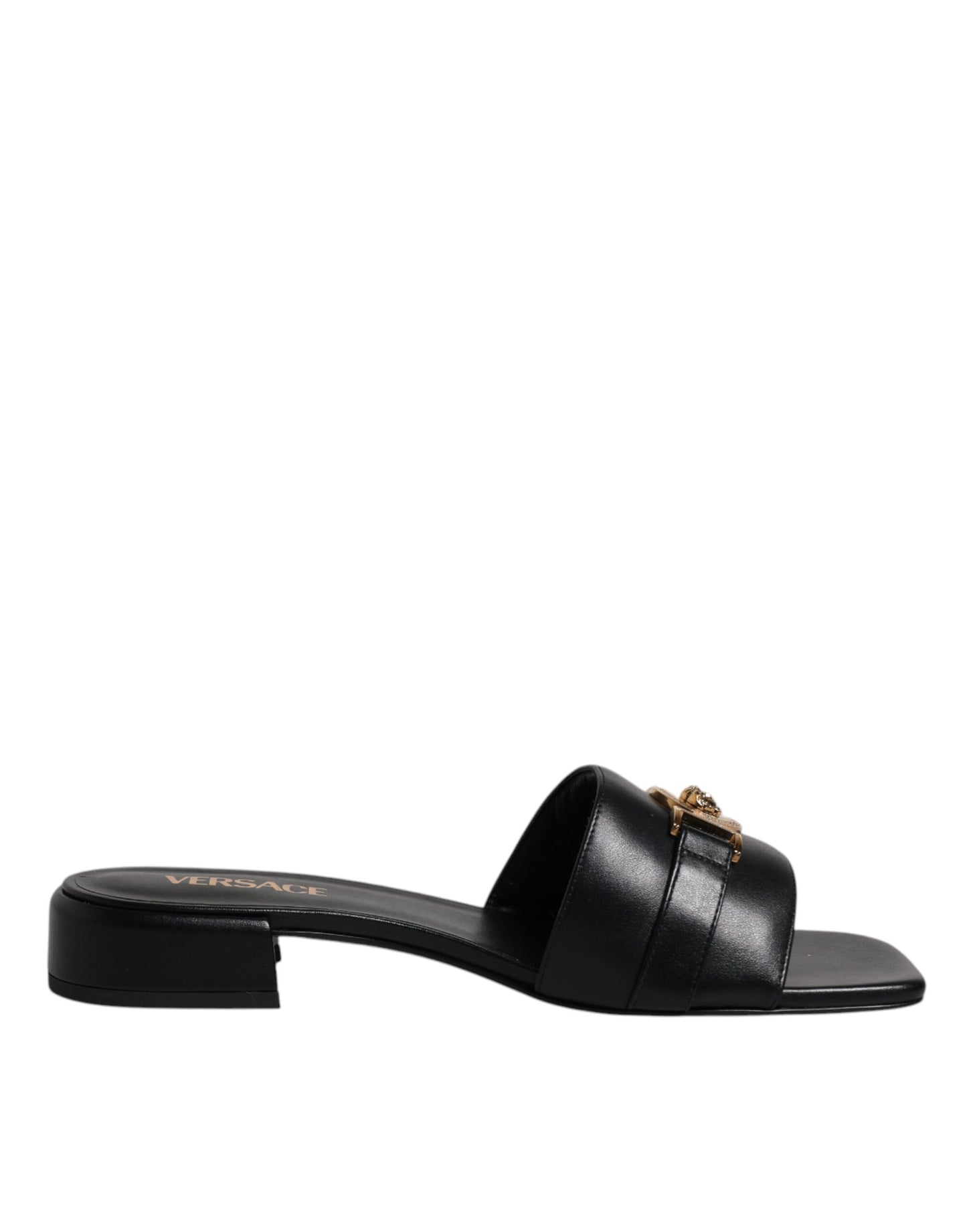Versace Zapatillas Destalonadas Planas de Cuero Negro con Placa del Logo