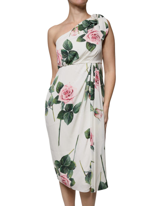 Vestido midi de seda blanco floral y de un solo hombro de Dolce & Gabbana
