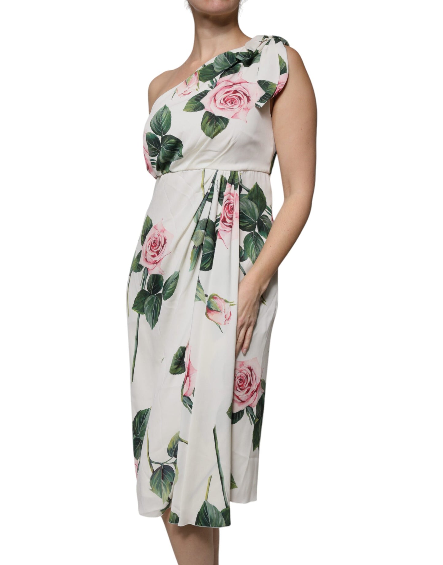 Vestido midi de seda blanco floral y de un solo hombro de Dolce & Gabbana