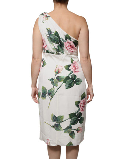 Vestido midi de seda blanco floral y de un solo hombro de Dolce & Gabbana