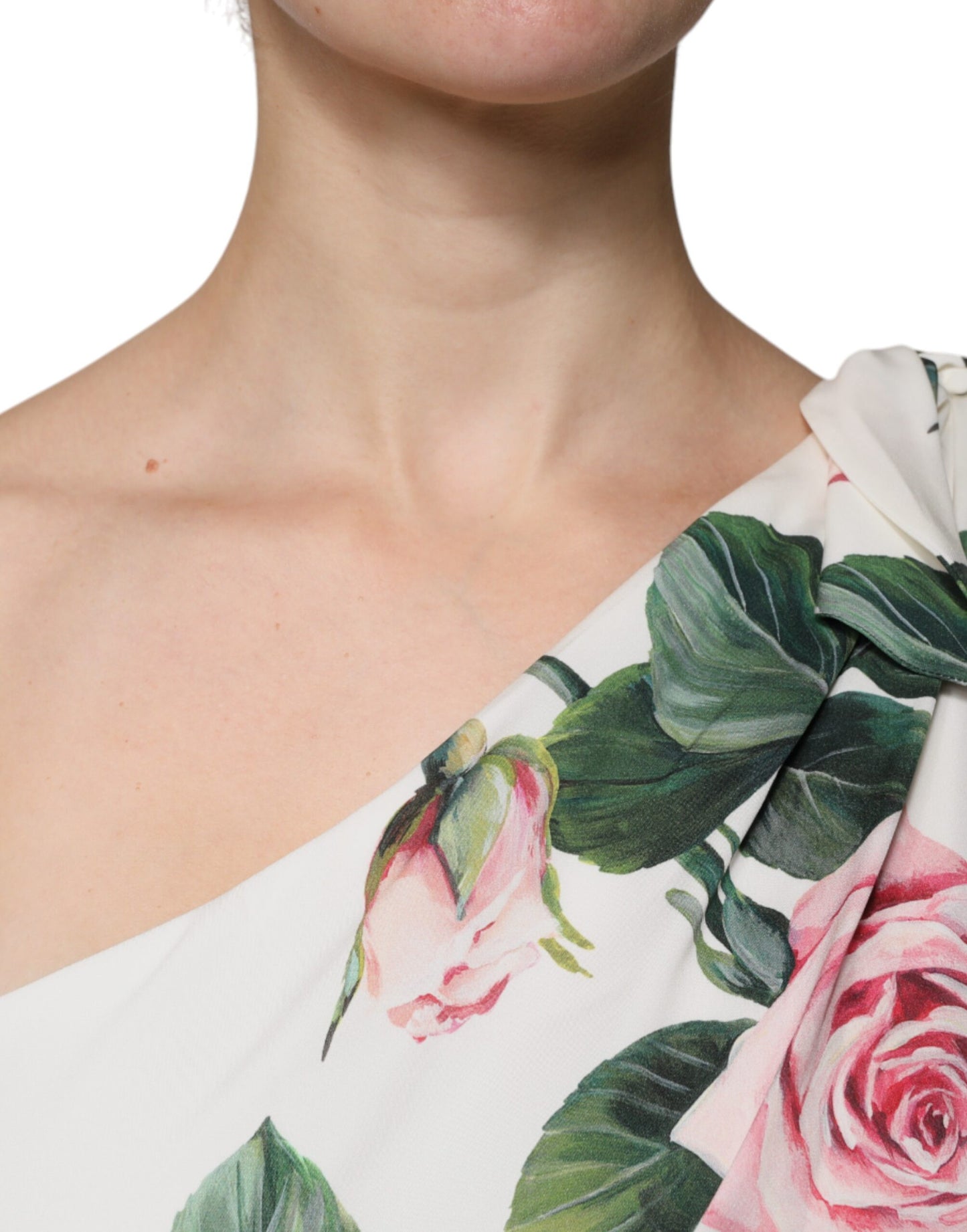 Vestido midi de seda blanco floral y de un solo hombro de Dolce & Gabbana