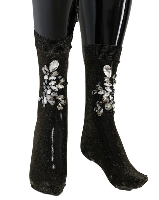 Calcentines Dolce & Gabbana negros con flores elásticas y cristales transparentes