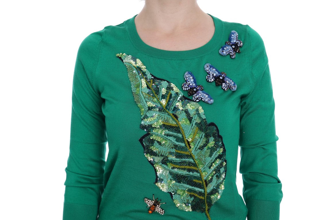 Suéter verde de seda con cristales y plátanos Dolce & Gabbana