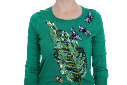 Suéter verde de seda con cristales y plátanos Dolce & Gabbana