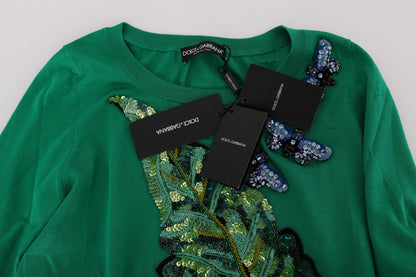 Suéter verde de seda con cristales y plátanos Dolce & Gabbana