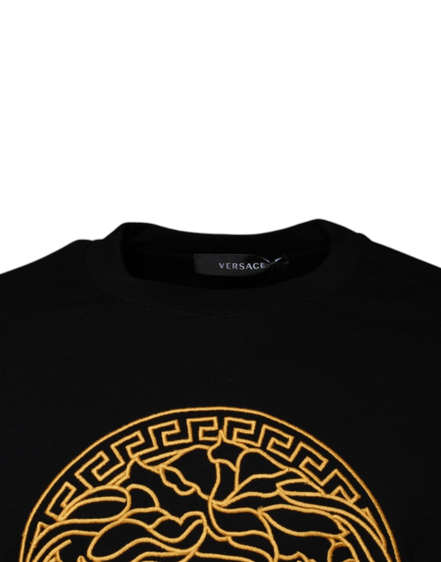 Suéter Versace negro con cuello redondo y logo Medusa bordado