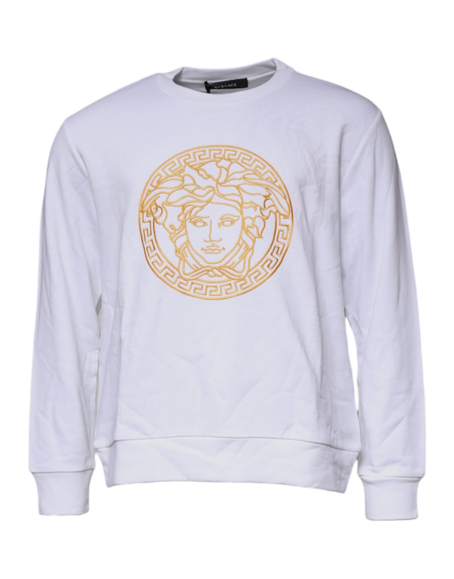 Suéter de punto con cuello redondo y Medusa bordada en blanco de Versace