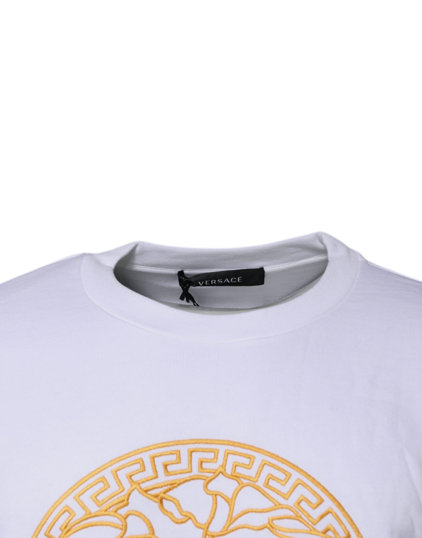Suéter de punto con cuello redondo y Medusa bordada en blanco de Versace