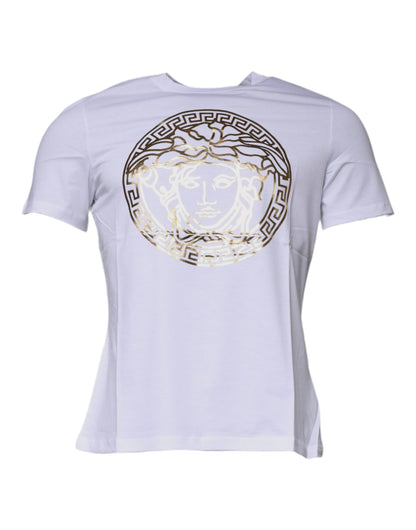 White Versace Cotton T-Shirt with Medusa Print and Crew Neck
