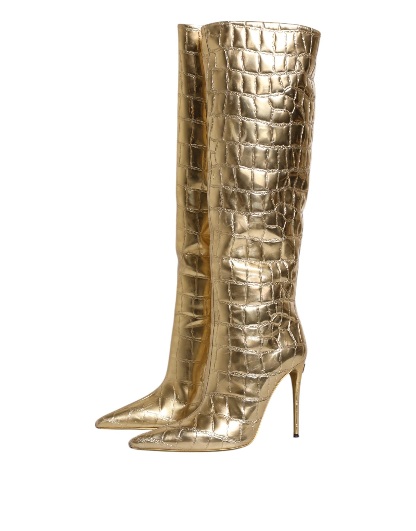 Zapatos Botas Altas de Tacón de Aguja de Cuero Dorado de Dolce & Gabbana