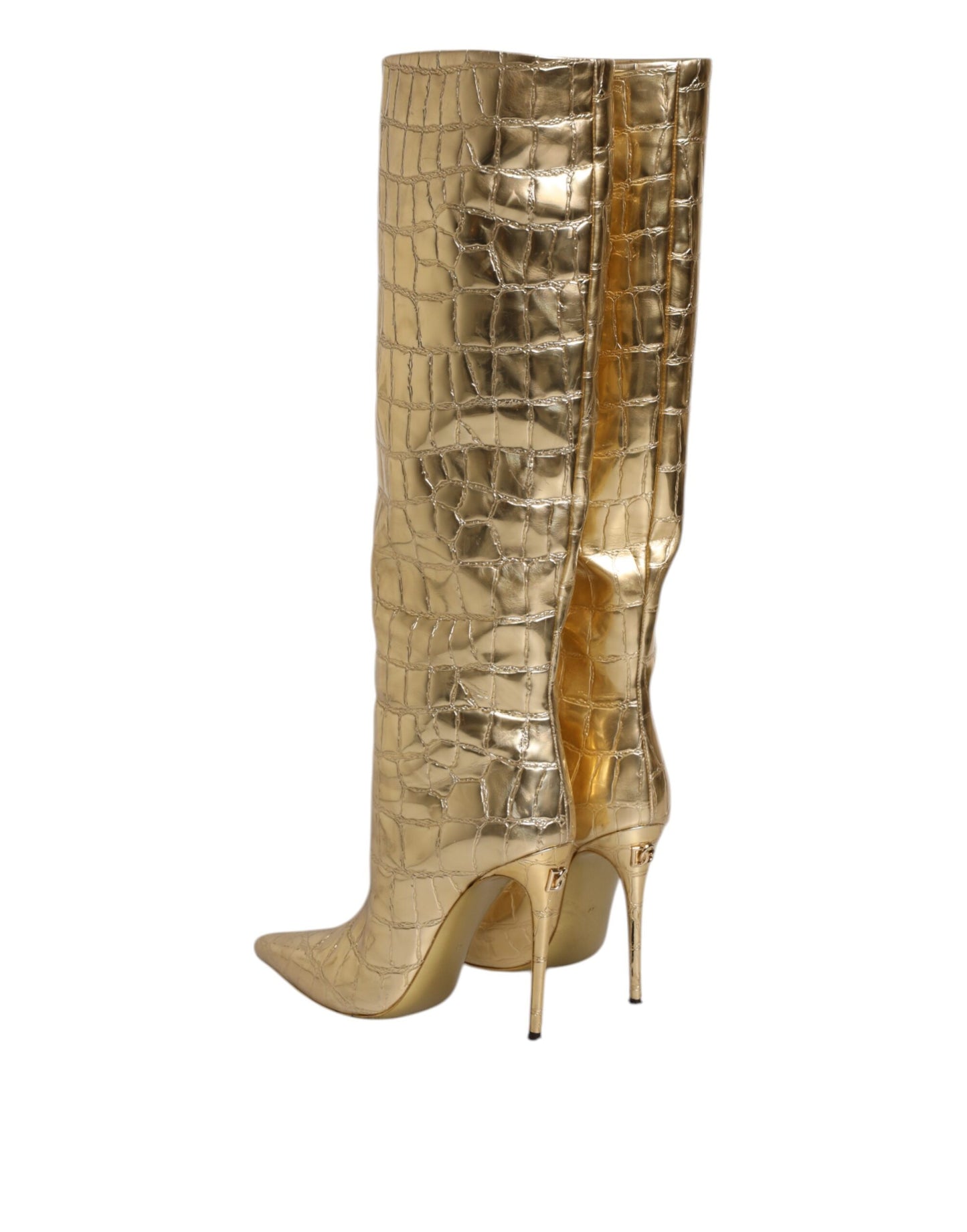 Zapatos Botas Altas de Tacón de Aguja de Cuero Dorado de Dolce & Gabbana