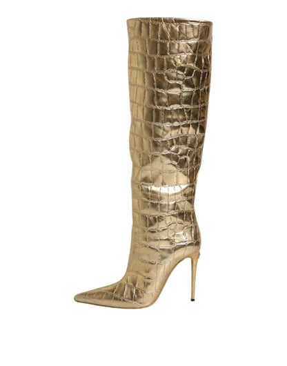 Zapatos Botas Altas de Tacón de Aguja de Cuero Dorado de Dolce & Gabbana