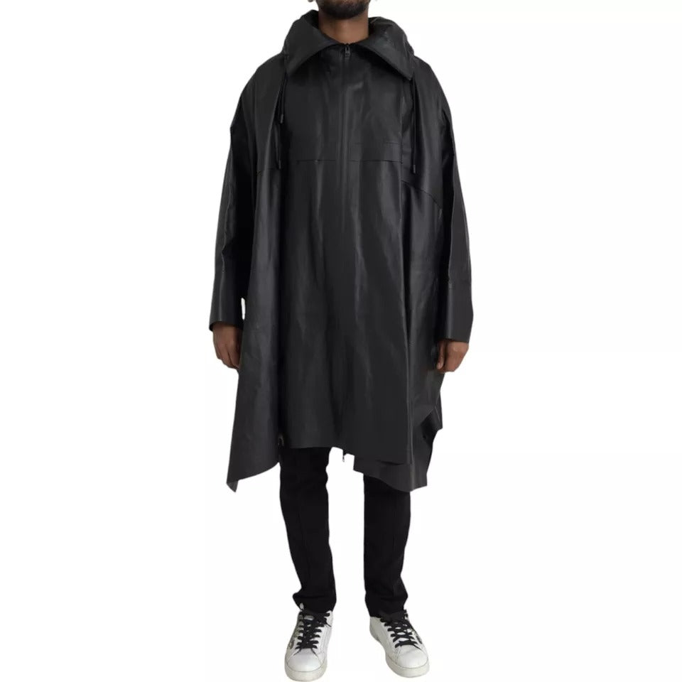 Gabardina Bottega Veneta de piel negra con capucha para hombre