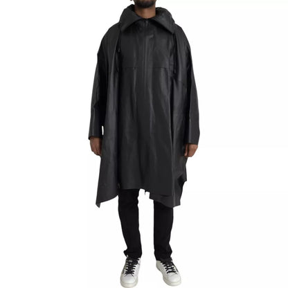 Gabardina Bottega Veneta de piel negra con capucha para hombre