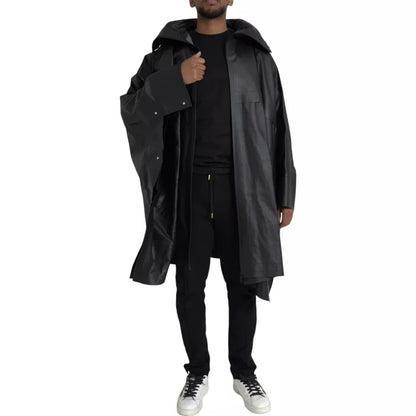 Gabardina Bottega Veneta de piel negra con capucha para hombre