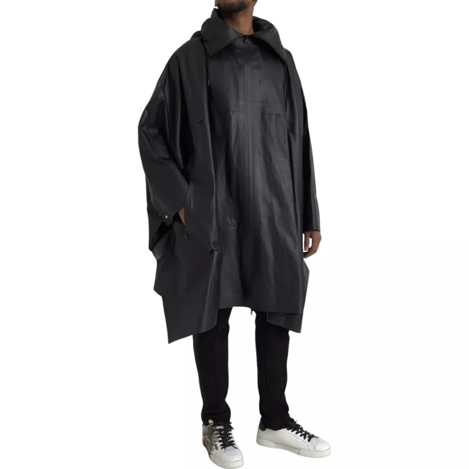 Gabardina Bottega Veneta de piel negra con capucha para hombre