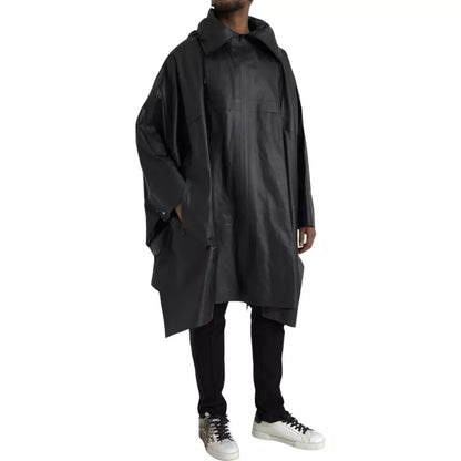 Gabardina Bottega Veneta de piel negra con capucha para hombre
