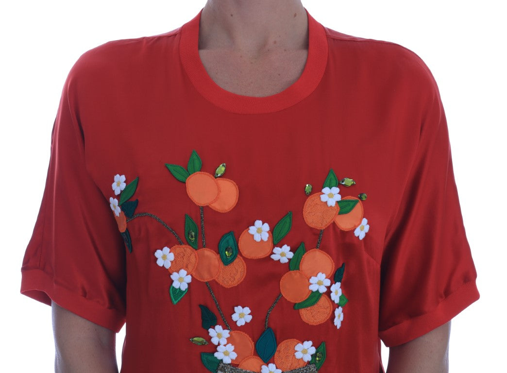 Blusa Dolce & Gabbana de seda roja con estampado floral de naranjas y cristales