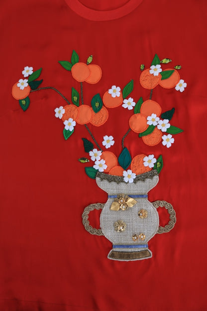 Blusa Dolce & Gabbana de seda roja con estampado floral de naranjas y cristales