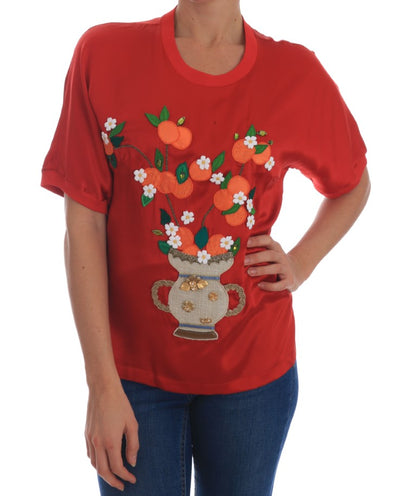 Blusa Dolce & Gabbana de seda roja con estampado floral de naranjas y cristales