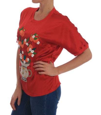Blusa Dolce & Gabbana de seda roja con estampado floral de naranjas y cristales