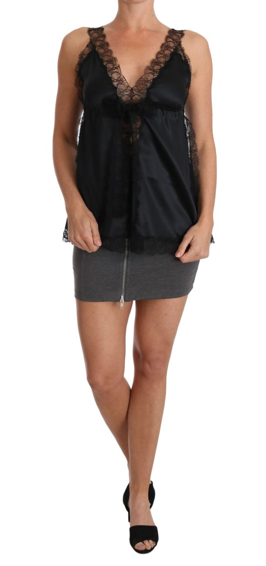 Dolce & Gabbana Lencería Camisola de Encaje de Seda Elástica Negra