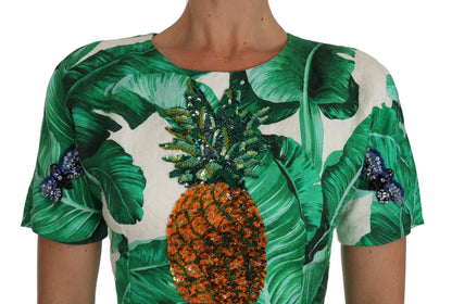 Vestido de cristal con hojas de plátano y piñas línea A de Dolce & Gabbana