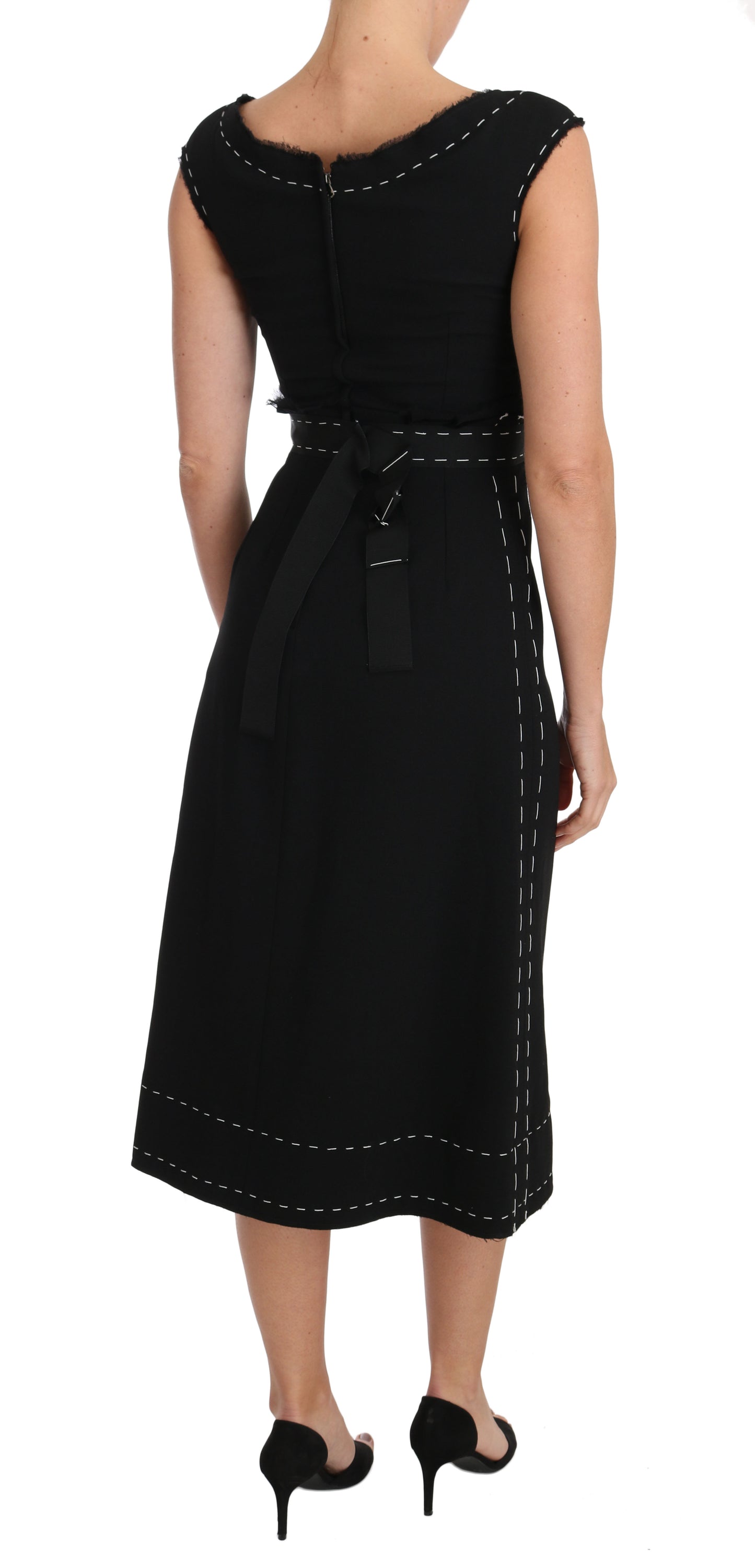Vestido de tubo de lana elástica negra con corte A de Dolce & Gabbana