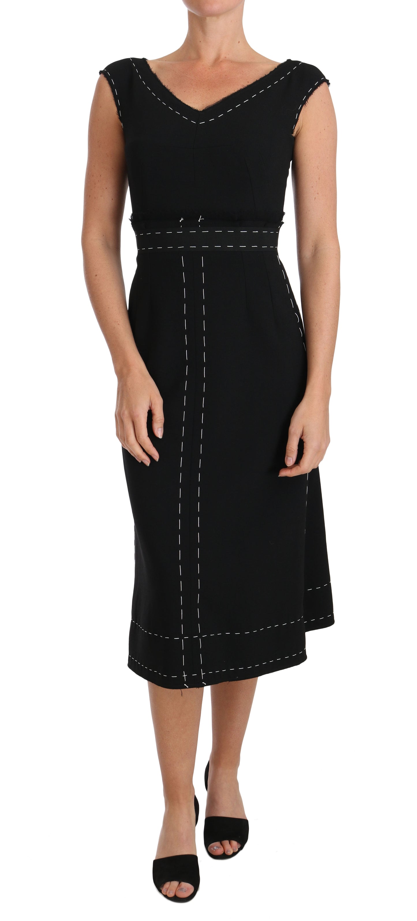 Vestido de tubo de lana elástica negra con corte A de Dolce & Gabbana