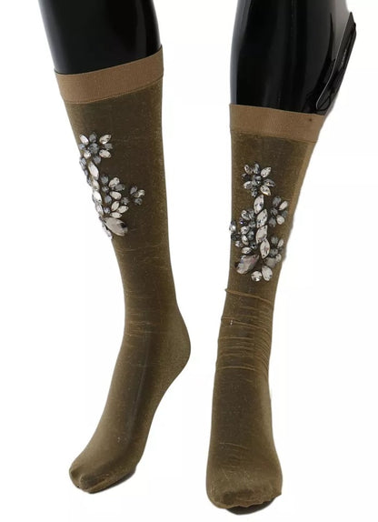 Calcetines de media elásticos dorados con cristales transparentes y estampado floral de Dolce & Gabbana
