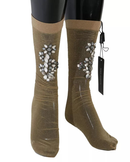 Calcetines de media elásticos dorados con cristales transparentes y estampado floral de Dolce & Gabbana