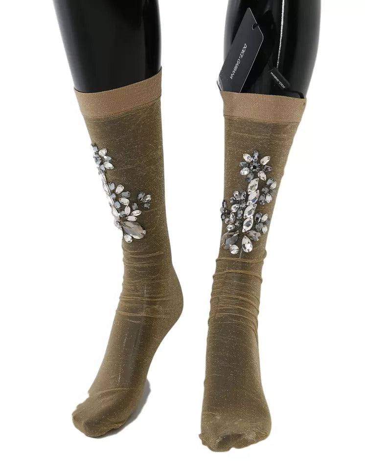 Calcetines de media elásticos dorados con cristales transparentes y estampado floral de Dolce & Gabbana