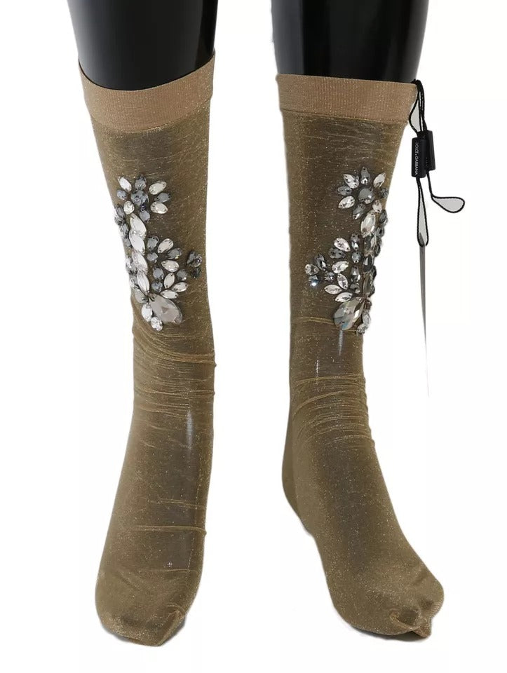 Calcetines de media elásticos dorados con cristales transparentes y estampado floral de Dolce & Gabbana