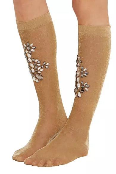 Calcetines de media elásticos dorados con cristales transparentes y estampado floral de Dolce & Gabbana