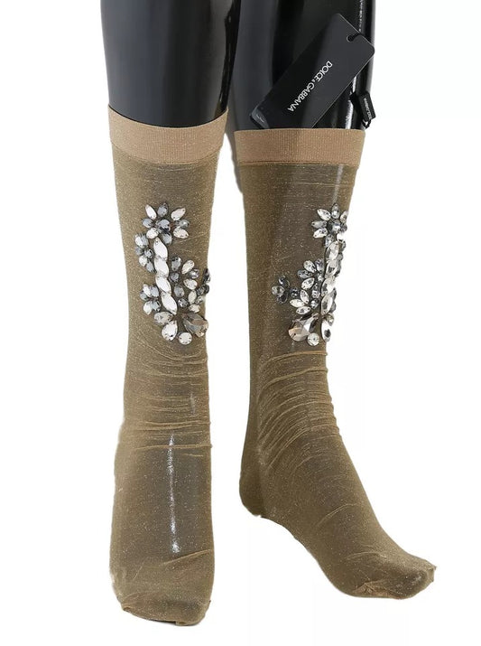 Calcetines de media elásticos dorados con cristales transparentes y estampado floral de Dolce & Gabbana