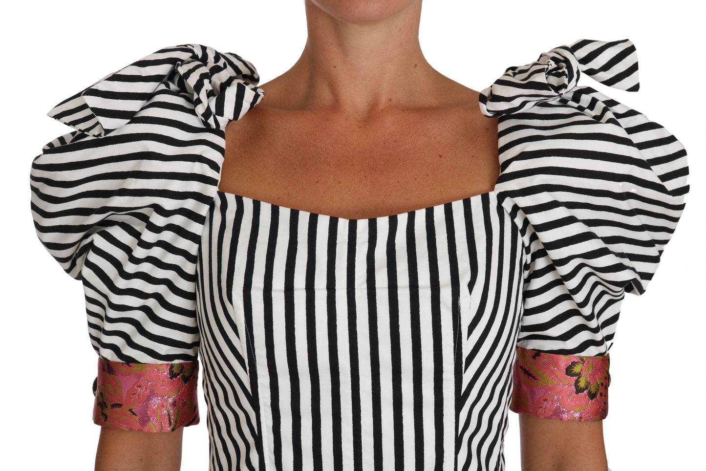 Dolce & Gabbana Camisa Corta de Manga Abullonada a Rayas Blancas y Negras